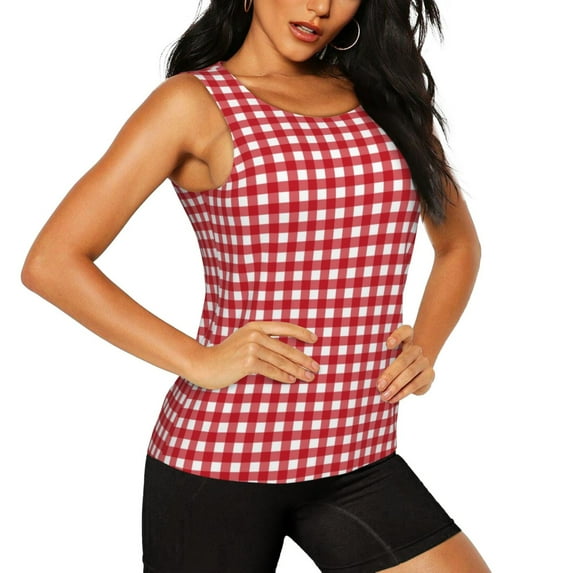 Picia Red Checkboard Pattern Women's Workout Tank Top,Breathable Activewear,Slim Fit Athletic Top,Versatile Workout Moisture-wicking top-Medium