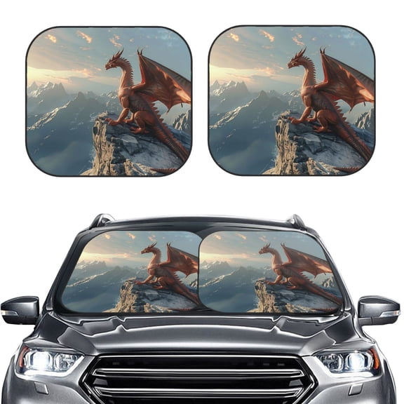 Picia Red Dragon Mountain Sunrise 2 Piece Car Windshield Sun Shade Foldable | Foldable Sun Shield for Front Window Blocks UV Rays and Keeps Your Vehicle Cool-Small