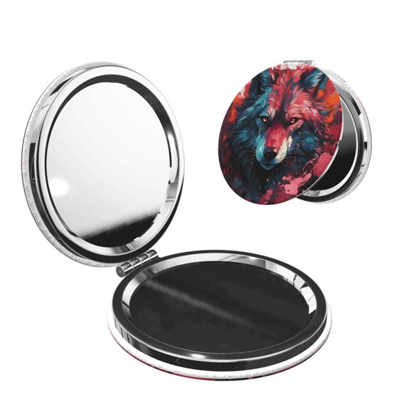 Picia Red Flame Wolf Head for Compact Vanity Mirror , Travel Makeup Mirror , Portable Magnifying Cosmetic Mirror for Daily, Work, Business-Round Shape