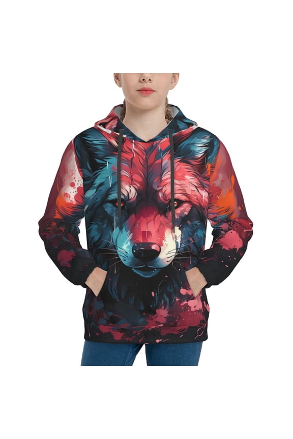 Red Flame Wolf Head Pattern Youth Hoodie - Warm Pullover Sweatshirt with Kangaroo Pocket, Ideal for Boys and Girls-Large