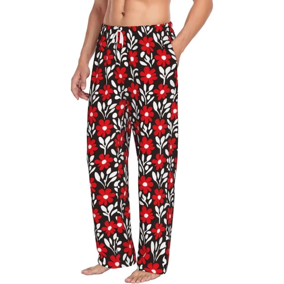 Picia Red Floral Mens Soft Woven Cotton Elastic Waistband Sleep Pajama Pant Lounge Sleep Pant With Pockets And Drawstring-Large