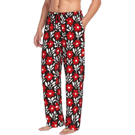 Picia Red Floral Mens Soft Woven Cotton Elastic Waistband Sleep Pajama Pant Lounge Sleep Pant With Pockets And Drawstring-X-Large