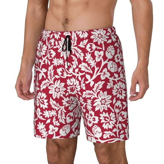 Picia Red Flowers pattern Mens Swim Trunks with Compression Liner Stretch Beach Shorts Quick Dry with Zipper Pockets No-Chafing Board Shorts-Small