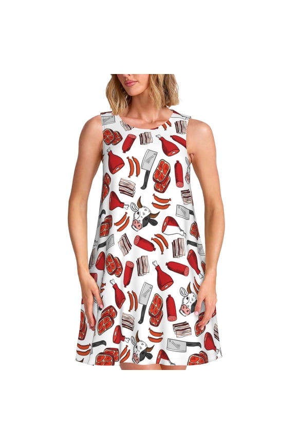 Red Food Print Women’s Sleeveless Midi Swing Dress – A-Line Pleated Tank Sundress, Comfortable and Flowy T-Shirt Dress