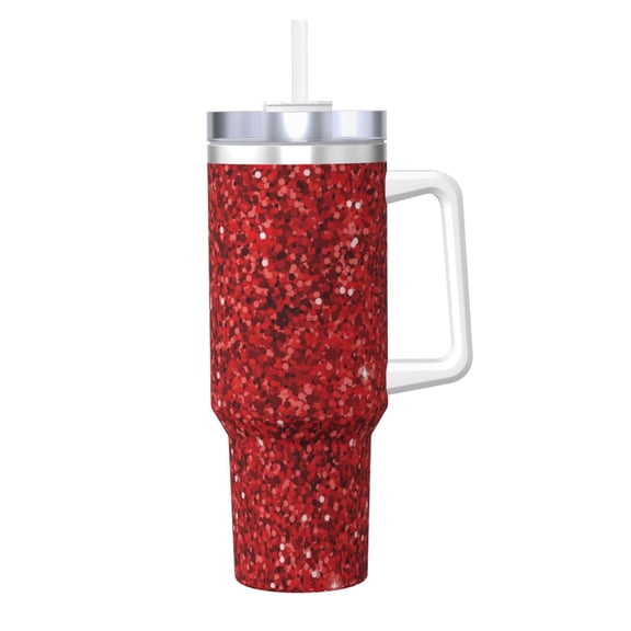 Picia Red Glitter Pattern 40oz Ice Bully Insulated Tumbler with Handle, Double-Wall Stainless Steel Cup, Leak-Proof Lid and Straw