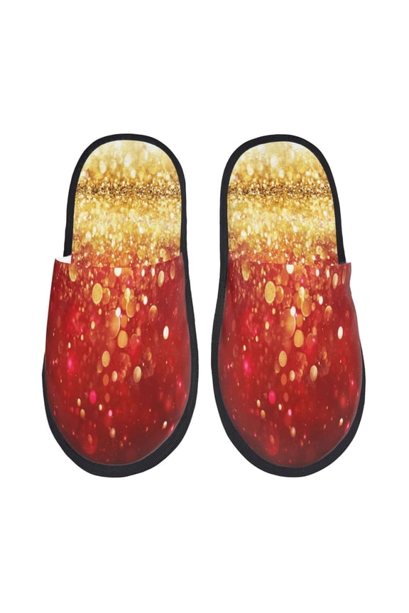 Red Gold Glitter Print Women's Fuzzy Fluffy House Slippers Plush Memory Foam Shoes Indoor Outdoor-Medium