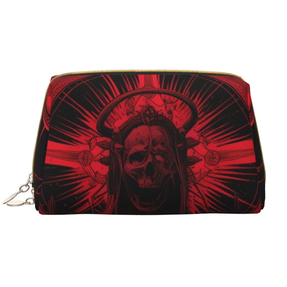 Picia Red Gothic Skeleton Throne Print Leather Makeup Bag Make Up Bag Travel Toiletry Bag for Her Girlfriend Teacher Teen Girl Gifts