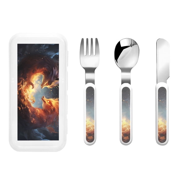 Picia Red And Gray Flame Fox Print Children's Knife, Fork And Spoon Set - Kids Knife Fork Spoon - Stainless Steel Kids Silverware Set - Metal Kids Cutlery Set