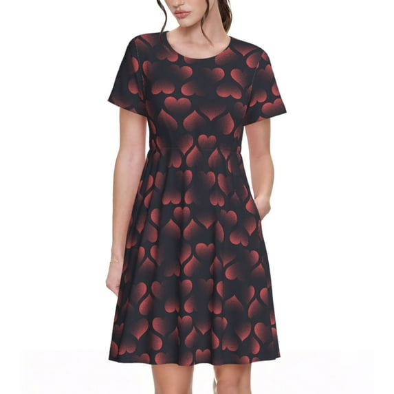 Picia Red Hearts Pattern Women's Short Sleeve Summer Dress Pleated Loose Swing Knee Length Short Sleeve Swing Dresses