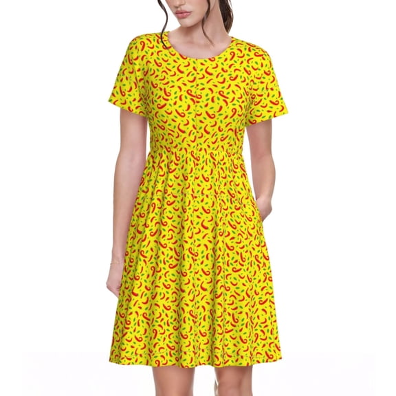 Picia Red Hot Chilly Pattern Women's Short Sleeve Summer Dress Pleated Loose Swing Knee Length Short Sleeve Swing Dresses