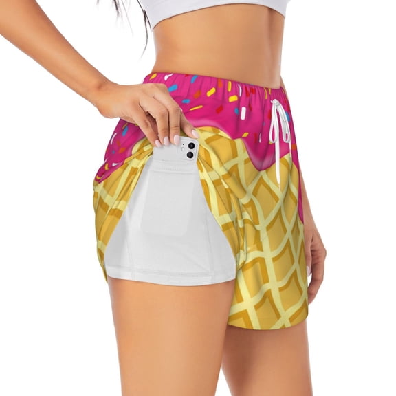 Picia Red Ice Cream Pattern Women's 2 in 1 Athletic Running Shorts High Waisted Workout Casual Gym Sweat Shorts with Comfy Liner Zipper Pockets-Small