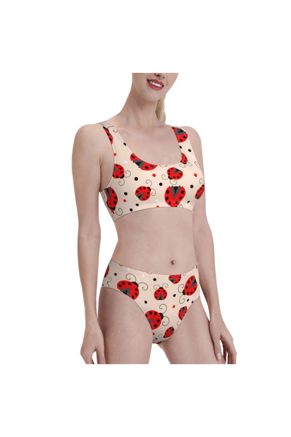 Red Ladybug Women's High Waisted Bikini Scoop Neck Swimsuit Two Pieces Bathing Suit-Large