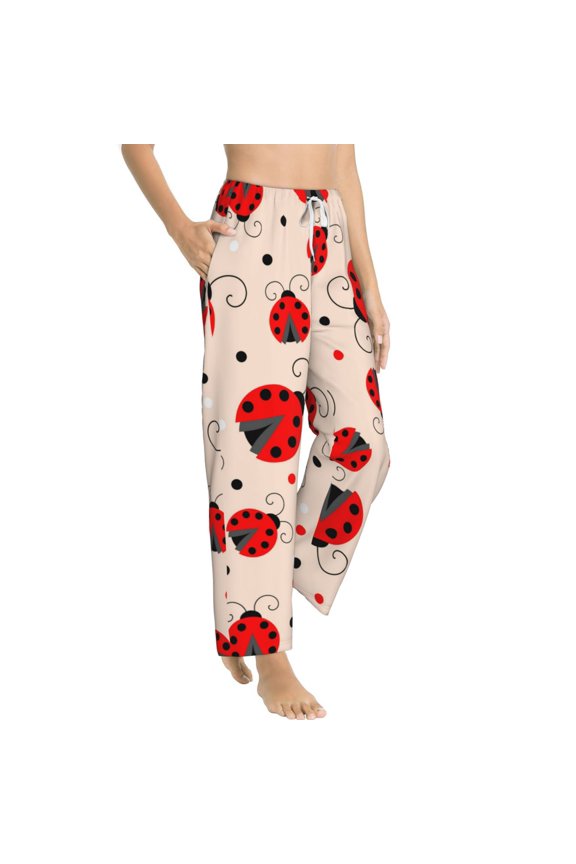Red Ladybug Womens Soft Woven Cotton Elastic Waistband Sleep Pajama Pant Lounge Sleep Pant With Pockets And Drawstring-Medium