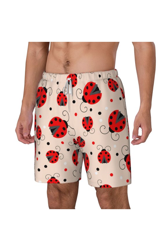 Red Ladybug pattern Mens Swim Trunks with Compression Liner Stretch Beach Shorts Quick Dry with Zipper Pockets No-Chafing Board Shorts-Small