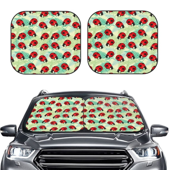 Picia Red Ladybugs And Leaf 2 Piece Car Windshield Sun Shade Foldable | Foldable Sun Shield for Front Window Blocks UV Rays and Keeps Your Vehicle Cool-Medium