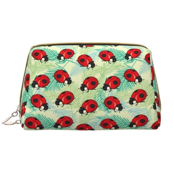 Picia Red Ladybugs And Leaf Print Leather Makeup Bag Make Up Bag Travel Toiletry Bag for Her Girlfriend Teacher Teen Girl Gifts