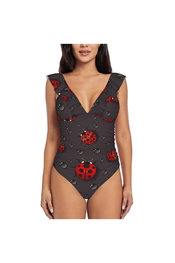 Red Ladybugs Blooming Jelly Womens Tummy Control Bathing Suits Slimming Ruffle Swimsuit One Piece Lace Swimwear-