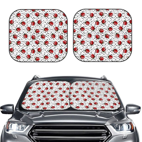 Picia Red Ladybugs On Black Dotted 2 Piece Car Windshield Sun Shade Foldable | Foldable Sun Shield for Front Window Blocks UV Rays and Keeps Your Vehicle Cool-Medium