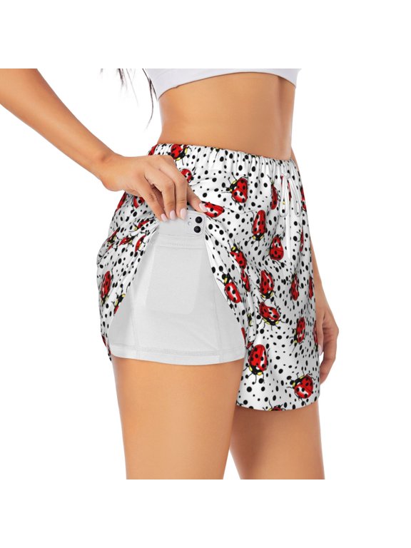 Red Ladybugs On Black Dotted Pattern Women's 2 in 1 Athletic Running Shorts High Waisted Workout Casual Gym Sweat Shorts with Comfy Liner Zipper Pockets-Large