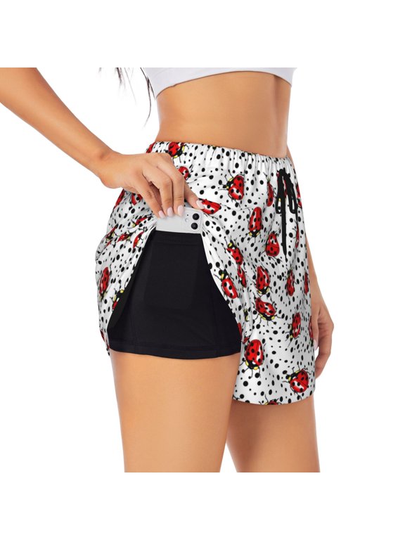 Red Ladybugs On Black Dotted Pattern Women's 2 in 1 Athletic Running Shorts High Waisted Workout Casual Gym Sweat Shorts with Comfy Liner Zipper Pockets-Medium
