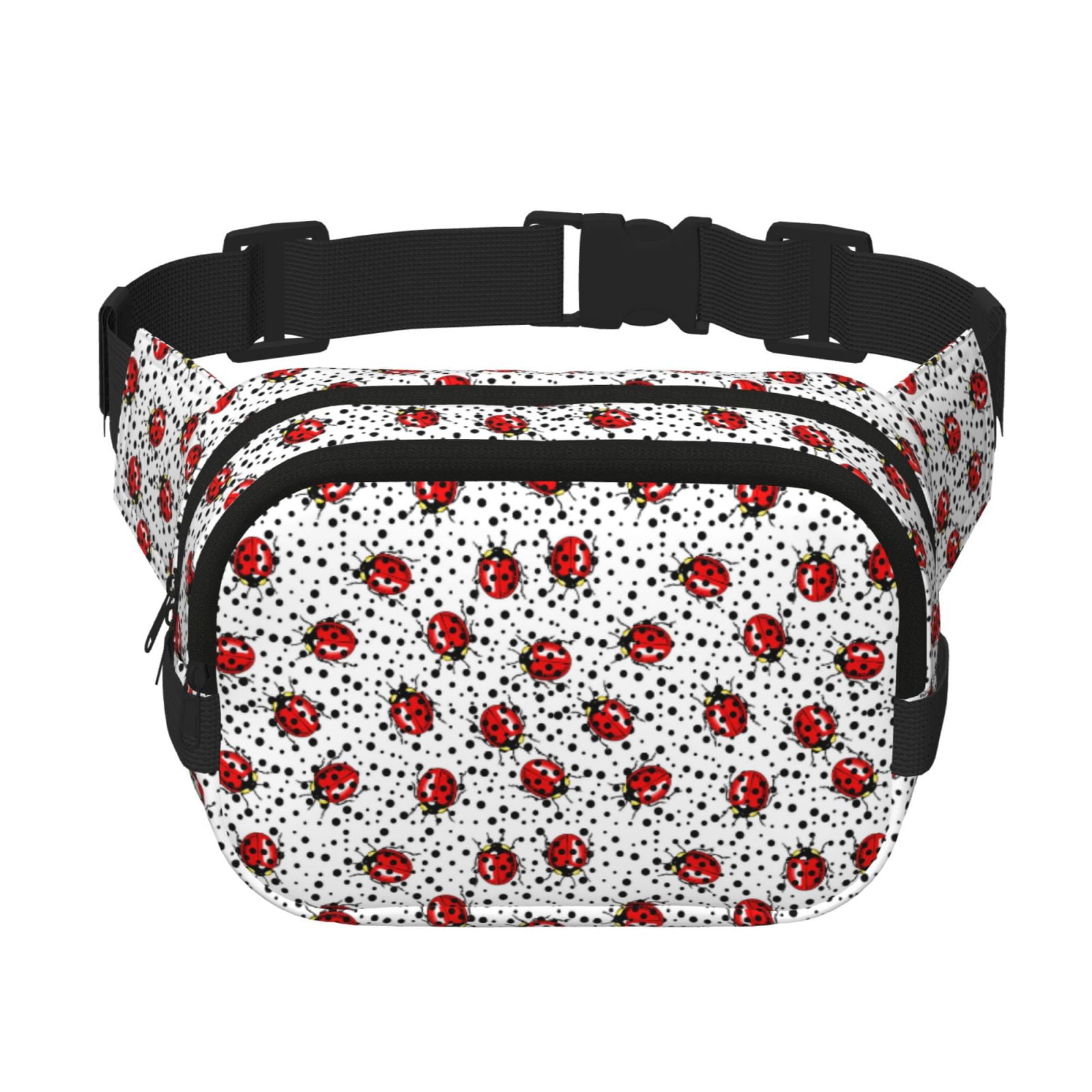 Picia Red Ladybugs On Black Dotted Print Square Double-Layer Waist Bag Mini Adjustable Waist Belt Bag Exercise Running Travel Hiking