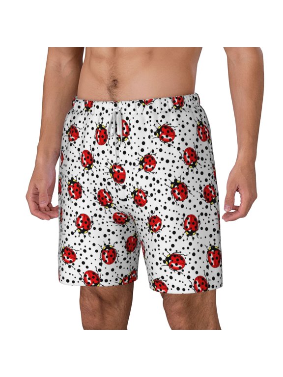 Red Ladybugs On Black Dotted pattern Mens Swim Trunks with Compression Liner Stretch Beach Shorts Quick Dry with Zipper Pockets No-Chafing Board Shorts-Small