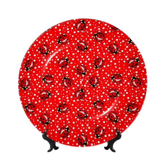 Picia Red Ladybugs On White Dotted Pattern Bone China Decorative Plate – Wall Decor with Stand and Adhesive, Elegant Ornament for Living Room, Office, or Entryway-7in