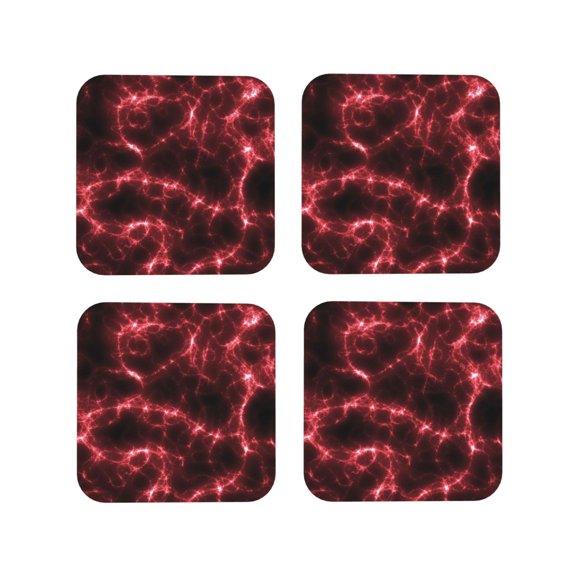 Picia Red Line Printed Leather Coasters for Drinks, 4" Drink Coasters Set of 4 for Tabletop Protection, Handmade Luxurious Home Décor and Housewarming Gift -Square