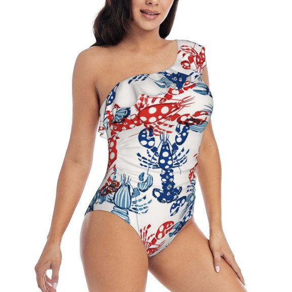 Picia Red Lobster Pattern Women's One Piece Swimsuits,One Shoulder Swimwear Asymmetric ,Ruffle Monokinis Bathing Suits,High Waisted Flattering Bathing Suits-Medium