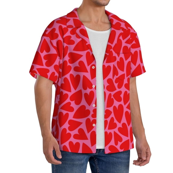 Picia Red Love Heart Men's Linen Shirts Short Sleeve Cuban Beach Shirts Casual Shirts Button Down Shirt for Men Beach Summer Wedding Shirt-4X-Large