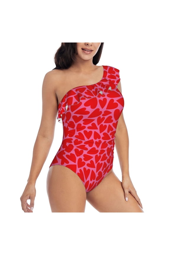 Red Love Heart Pattern Women's One Piece Swimsuits,One Shoulder Swimwear Asymmetric ,Ruffle Monokinis Bathing Suits,High Waisted Flattering Bathing Suits-