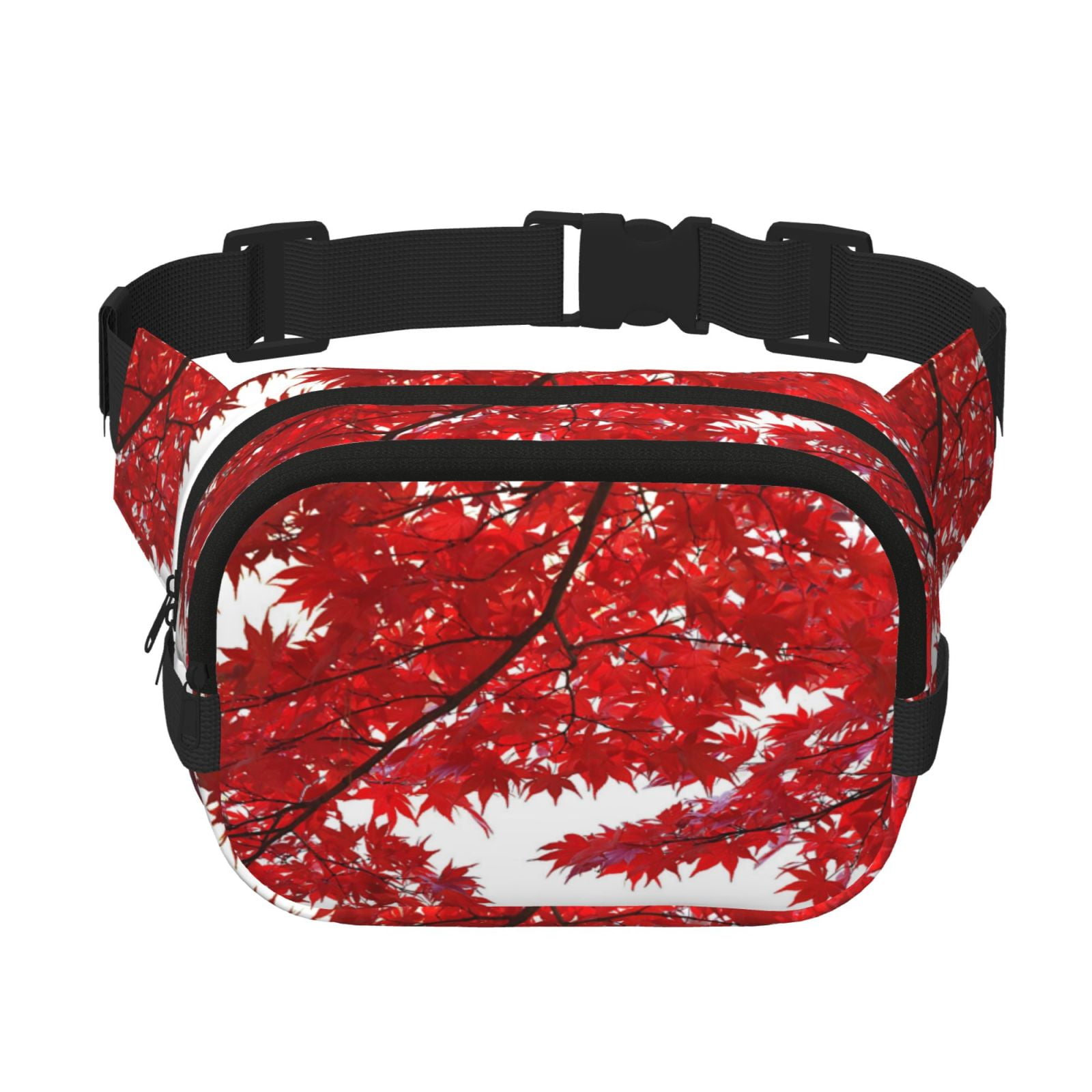 Picia Red Maple Leaf Print Square Double-Layer Waist Bag Mini Adjustable Waist Belt Bag Exercise Running Travel Hiking