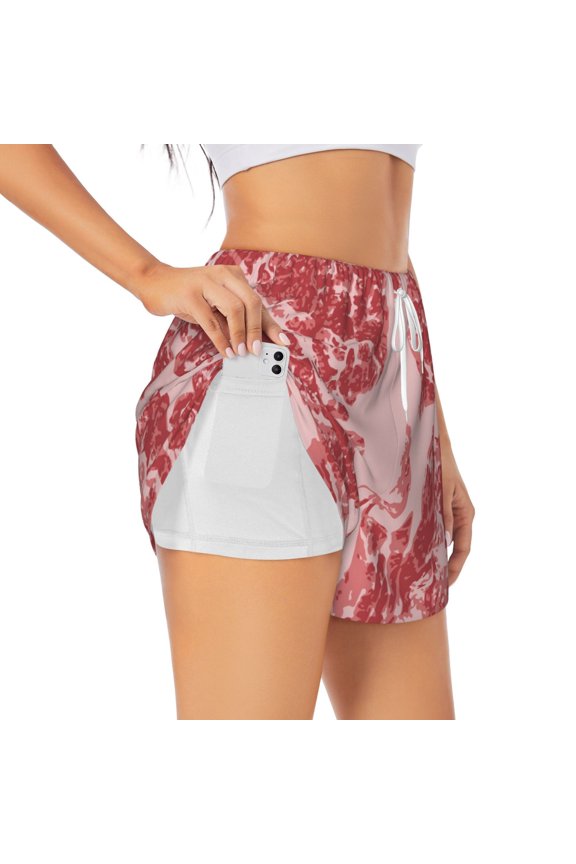 Red Meat Pattern Women's 2 in 1 Athletic Running Shorts High Waisted Workout Casual Gym Sweat Shorts with Comfy Liner Zipper Pockets-Small