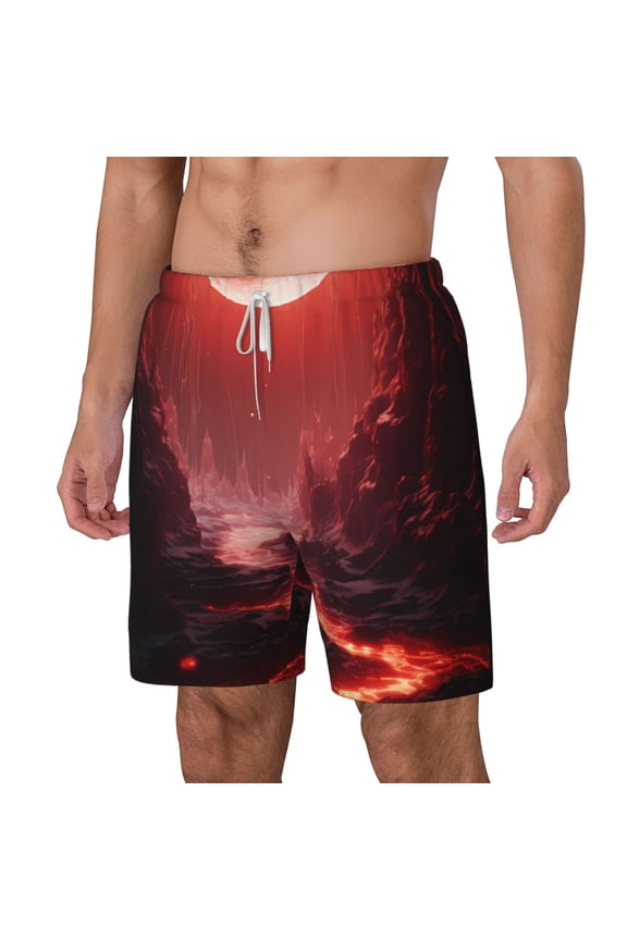Red Moon Lava pattern Mens Swim Trunks with Compression Liner Stretch Beach Shorts Quick Dry with Zipper Pockets No-Chafing Board Shorts-Small