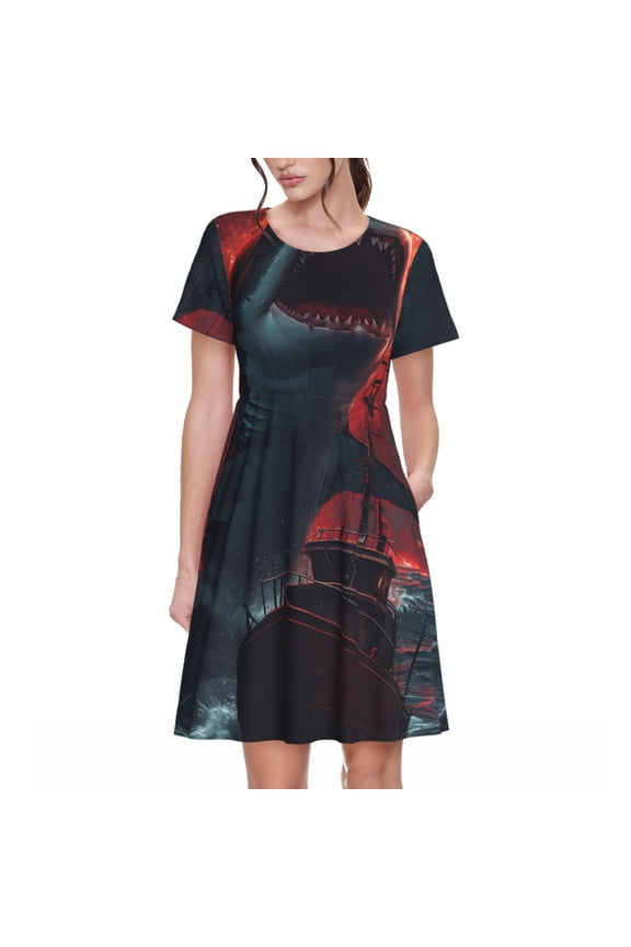 Red Moon Shark Sailboat Pattern Women's Short Sleeve Summer Dress Pleated Loose Swing Knee Length Short Sleeve Swing Dresses