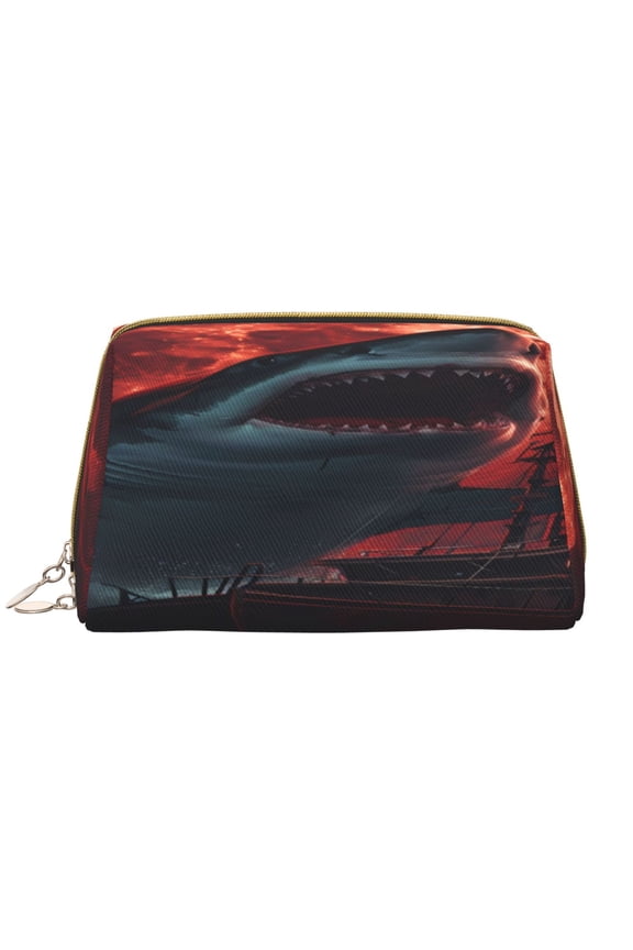 Red Moon Shark Sailboat Print Leather Makeup Bag Make Up Bag Travel Toiletry Bag for Her Girlfriend Teacher Teen Girl Gifts