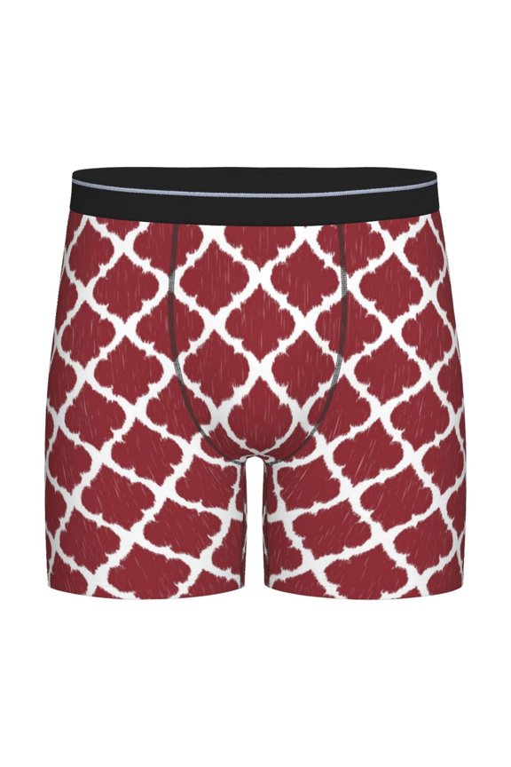 Red Moroccan Pattern Men's Athletic Long Leg Briefs , Performance Stretch Underwear，Moisture-Wicking