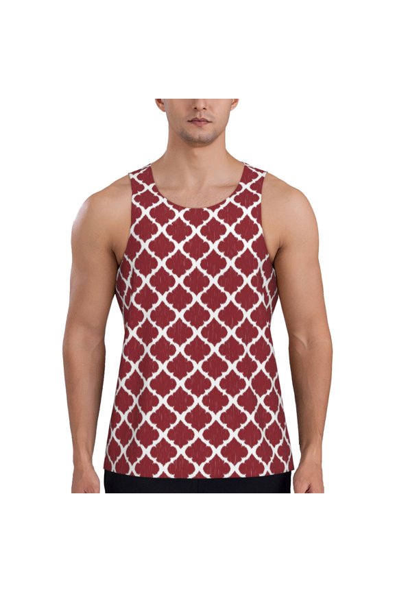 Red Moroccan Printed Men’s Performance Tank, Men's Workout Tank Top Moisture-Wicking Tank Top Muscle tee, Breathable Workout Shirt-Large