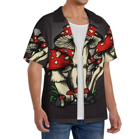 Picia Red Mushrooms Men's Linen Shirts Short Sleeve Cuban Beach Shirts Casual Shirts Button Down Shirt for Men Beach Summer Wedding Shirt-3X-Large