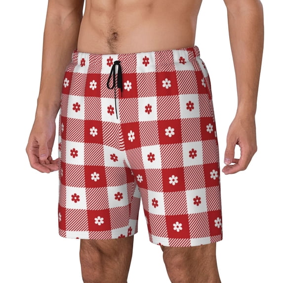 Picia Red Plaid Daisy pattern Mens Swim Trunks with Compression Liner Stretch Beach Shorts Quick Dry with Zipper Pockets No-Chafing Board Shorts-XX-Large