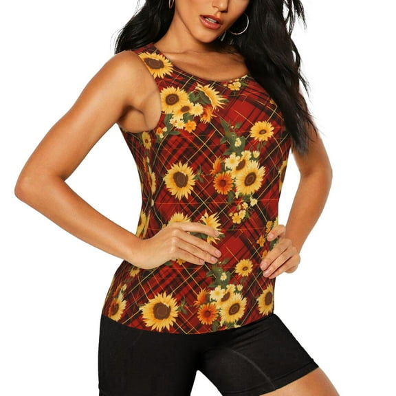 Picia Red Plaid Sunflower Pattern Women's Workout Tank Top,Breathable Activewear,Slim Fit Athletic Top,Versatile Workout Moisture-wicking top-Medium