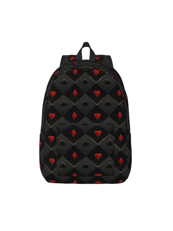 Red Poker Printed Canvas Daypack - Stylish and Durable Vintage Compact Backpack - Class, Work, Travel, or Laptop Bookbag,Organized Compartments-Medium