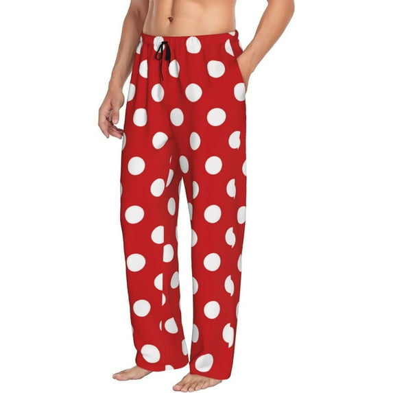 Picia Red Polka Dot Mens Soft Woven Cotton Elastic Waistband Sleep Pajama Pant Lounge Sleep Pant With Pockets And Drawstring-Small