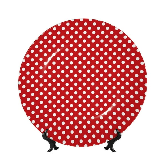 Picia Red Polka Dot Pattern Bone China Decorative Plate – Wall Decor with Stand and Adhesive, Elegant Ornament for Living Room, Office, or Entryway-8in