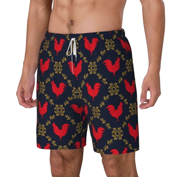 Picia Red Rooster pattern Mens Swim Trunks with Compression Liner Stretch Beach Shorts Quick Dry with Zipper Pockets No-Chafing Board Shorts-X-Large