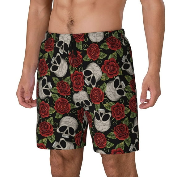 Picia Red Rose Skull pattern Mens Swim Trunks with Compression Liner Stretch Beach Shorts Quick Dry with Zipper Pockets No-Chafing Board Shorts-Medium