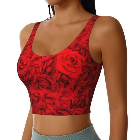 Picia Red Rose Sports Bra for Women,Padded Strappy Sports Bras Medium Support Yoga Bra with Removable Cups,Running Yoga Bra-Large