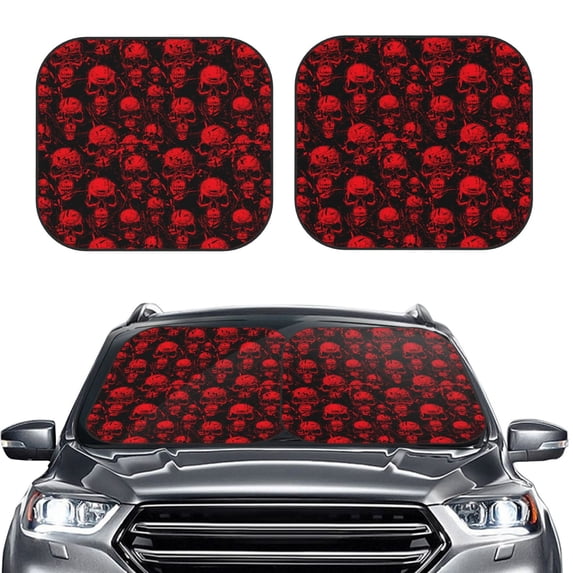 Picia Red Skulls 2 Piece Car Windshield Sun Shade Foldable | Foldable Sun Shield for Front Window Blocks UV Rays and Keeps Your Vehicle Cool-Large