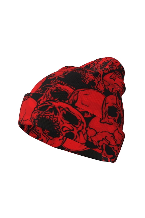 Red Skulls 3 Pattern Knitted Beanie Hat for Men and Women , Unisex Winter Warm Stretchy Knit Cap Thick Fisherman Beanies Cuffed Plain Skull Caps