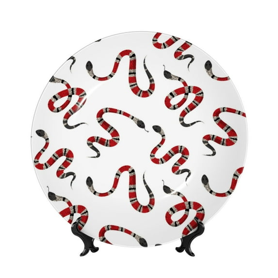 Picia Red Snake Pattern Bone China Decorative Plate – Wall Decor with Stand and Adhesive, Elegant Ornament for Living Room, Office, or Entryway-7in